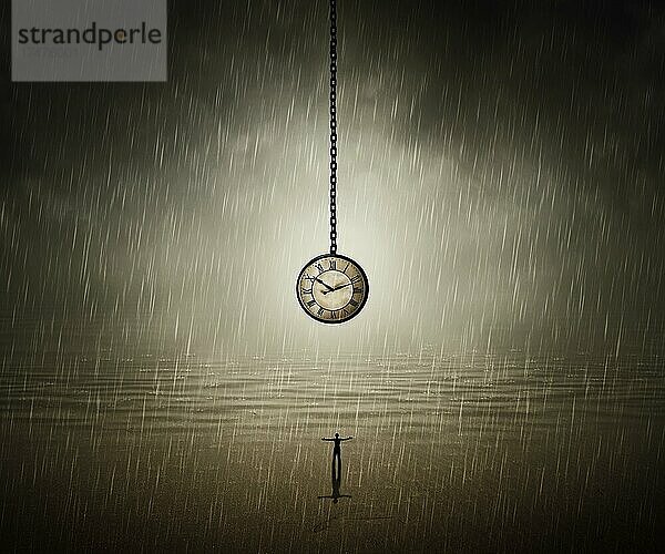 Surrealer Hintergrund eines Mannes  der an einem regnerischen Tag mit weit geöffneten Händen vor einer riesigen Uhr am Meer steht. Das Ende der Zeit. Zeitreise-Konzept