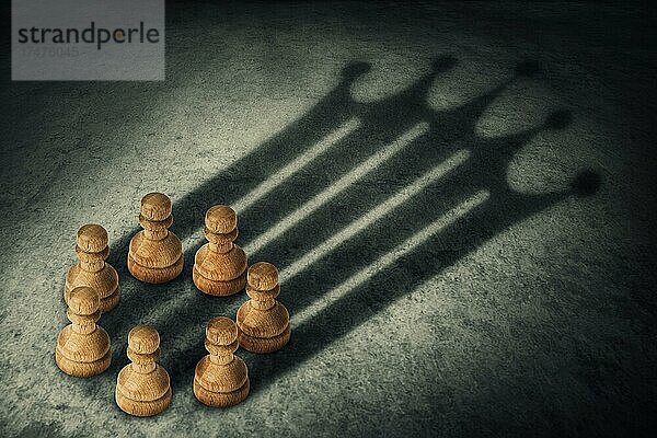 Schach Bauern stehen zusammen  in einem Kreis angeordnet  die Verbindung der Macht  werfen eine Krone förmigen Schatten. Konzept der Gruppenführung und Teamarbeit in Unternehmen. Der Glaube an den Erfolg