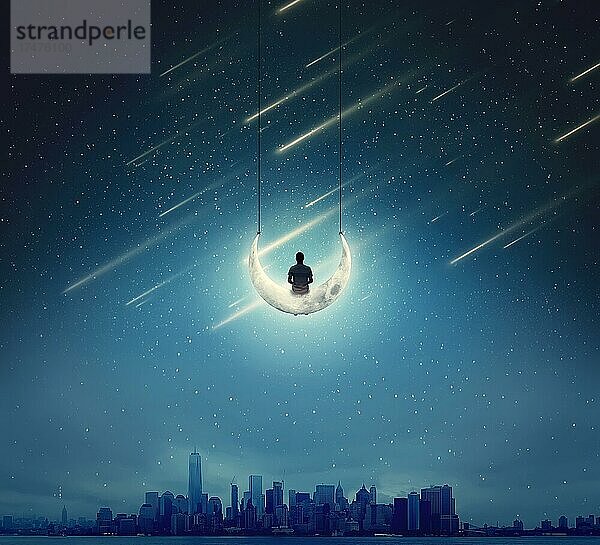 Surrealer Hintergrund mit einem Jungen  der auf einer Mondsichel sitzt  als Schaukel  über einer großen Stadt in einer sternenklaren Nacht