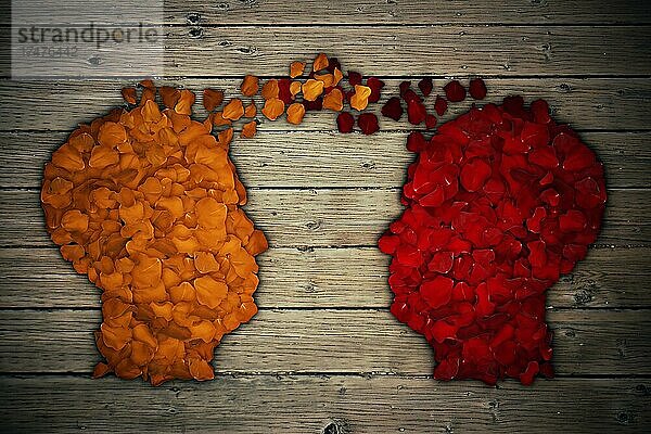 Rote und gelbe Rosenblüten in Form von menschlichen Kopf angeordnet erzeugen Denken Austausch und Idee Partnerschaft Geschäft. Sprechen zusammen Social Media-Konzept. Kommunikationssymbol als Basis für eine Beziehung