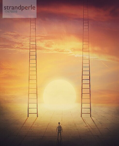 Konzeptuelle Szene  Person steht vor einer entscheidenden Wahl mit zwei Leitern  die in den Himmel gehen. Surreal Treppen zum Paradies gegen Sonnenuntergang Hintergrund. Schwieriges Dilemma  den richtigen Weg zu wählen