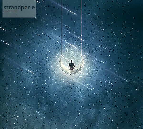Surrealer Hintergrund mit einem Jungen  der auf einer Mondsichel sitzt  als Schaukel  über einem nebligen Nachthimmel