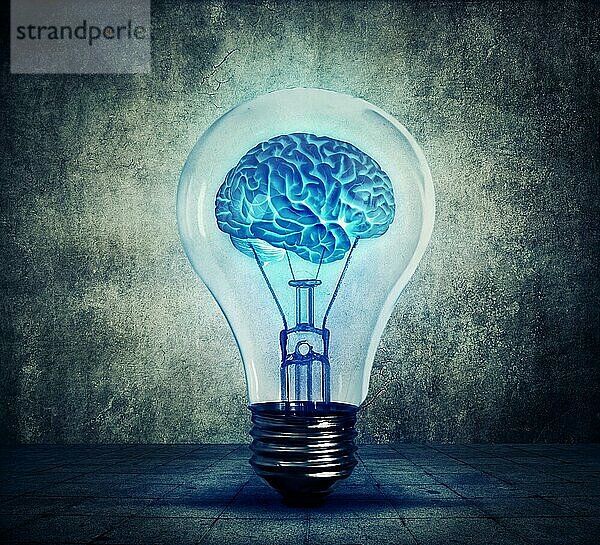 Menschliches Gehirn leuchtet in einer Glühbirne. Blau leuchtende Lampe auf grauem Hintergrund. Entstehung der Idee  Eureka Kreativität Konzept