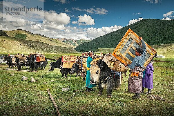 Die Nomadenfamilie zieht mit Yaks in den Sommer. Provinz Bayanhongor  Mongolei  Asien