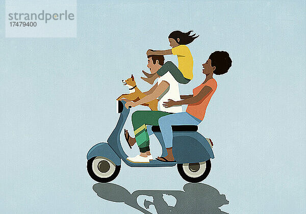 Unbekümmerte Familie mit Hund auf einem Motorroller