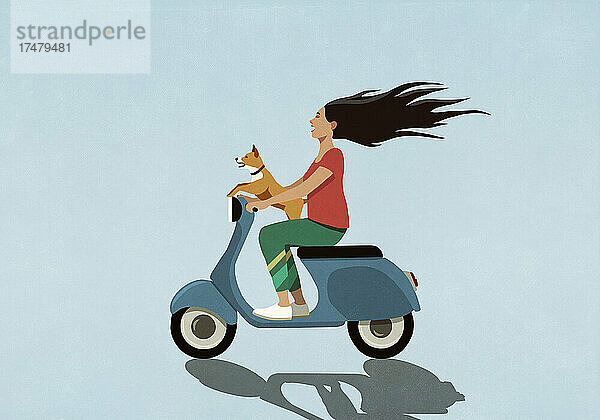 Unbekümmerte Frau mit Hund fährt Motorroller