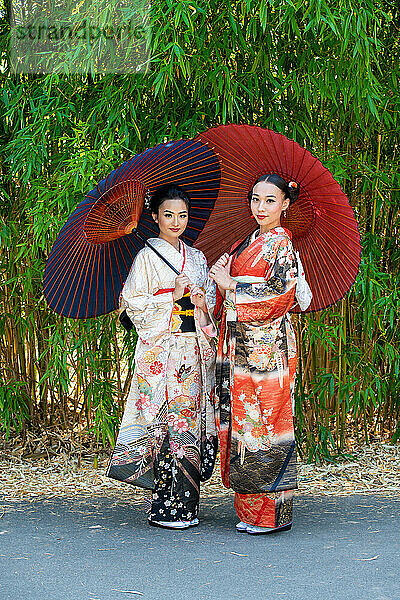Porträt zweier Frauen  die Kimonos tragen und Sonnenschirme im Park halten