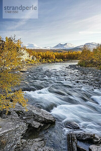 Fluss Abiskojåkka  Abiskojakka  herbstliche Landschaft und verschneite Berge im Abisko Nationalpark  Lappland  Schweden  Europa