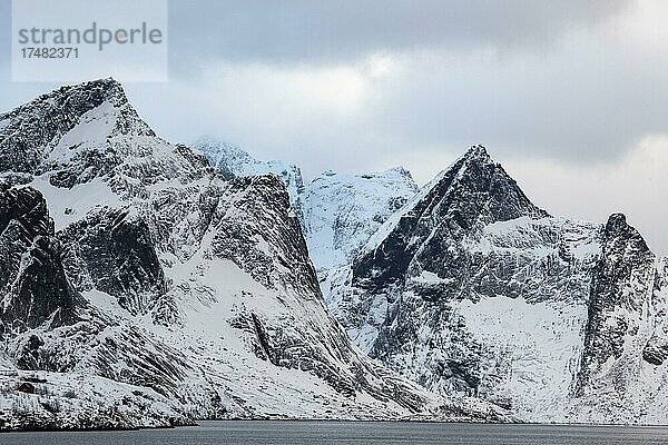 Winterliche skandinavische Landschaft  Fjord  Berge  Schnee  Hamnøy  Nordland  Lofoten  Norwegen  Europa