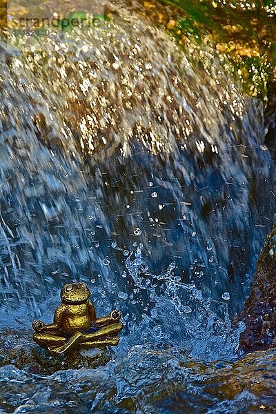 Meditierender Goldfrosch von oben  Draufsicht  goldene Froschfigur meditiert am Wasserfall  spritzendes Wasser  rauschender Fluss  Meditation  Frosch meditiert  Entspannung  Geistesübungen  Achtsamkeitstraining  Yoga  Buddhismus  Autogenes Training  Spiritualität  meditieren  Om  Siddhartha Gautama