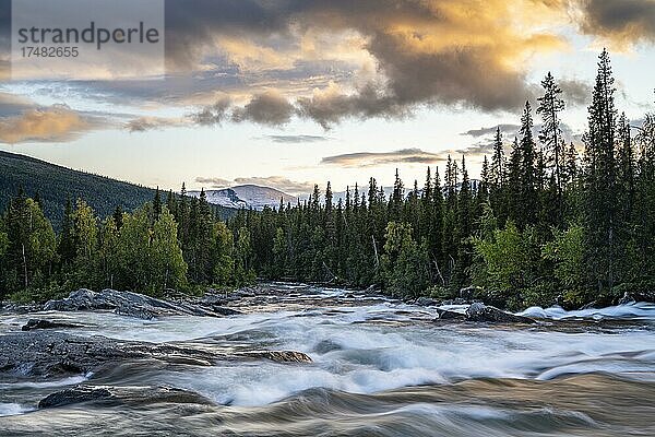 Stromschnellen des Fluss Gamajåhkå  Abendstimmung  Kvikkjokk  Laponia  Norrbotten  Lappland  Schweden  Europa