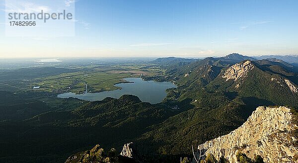 Ausblick vom Gipfel des Herzogstand  Blick auf Kochelsee im Abendlicht  Gratwanderung Herzogstand Heimgarten  Oberbayern  Bayern  Deutschland  Europa