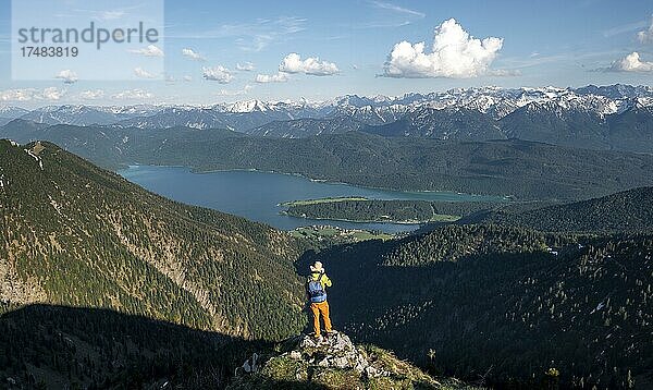 Wanderer blickt auf Bergpanorama  Wanderer am Gipfel des Heimgarten  Gratwanderung Herzogstand Heimgarten  hinten schneebedecktes Karwendel und Walchensee  Oberbayern  Bayern  Deutschland  Europa