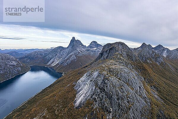 Stetind  herbstliche Landschaft  norwegischer Nationalberg  Luftaufnahme  Tysfjord  Ofoten  Nordland  Norwegen  Europa