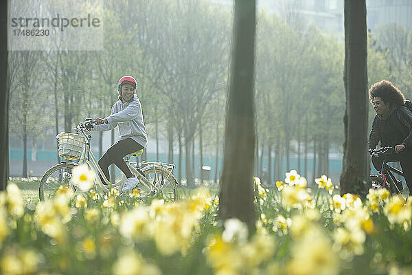 Glückliche Teenager-Freunde  die in einem sonnigen Frühlingspark Fahrrad fahren