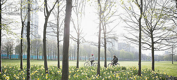 Menschen auf Fahrrädern im sonnigen Frühling Park