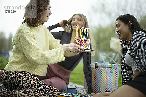 Junge Freundinnen feiern Geburtstag mit Kuchen im Park