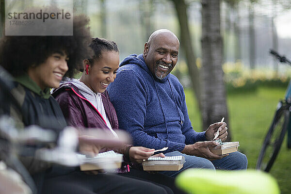 Glücklicher Vater und Teenager-Kinder genießen das Mittagessen im Park