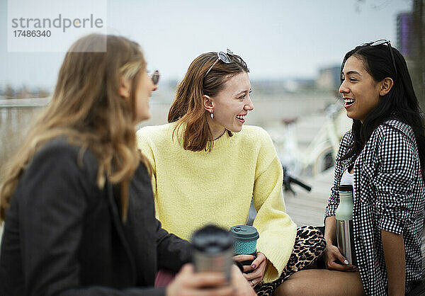 Glückliche junge Frauen  die sich unterhalten und Kaffee trinken