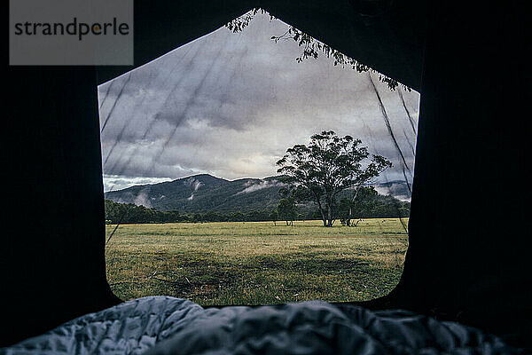 Blick vom Zelt auf die Berge und den australischen Busch