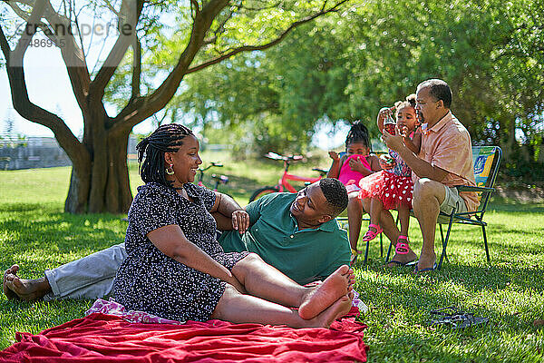 Glückliche Mehrgenerationenfamilie  die sich im Sommer im Park entspannt
