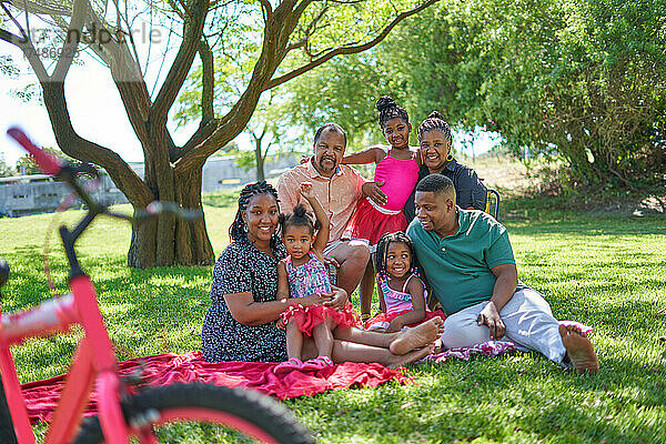 Mehrgenerationenfamilie posiert im Sommerpark