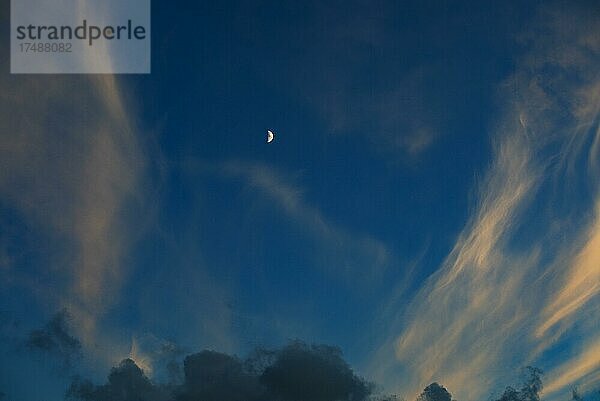 Abendhimmel mit Wolkenstimmung und Halbmond  Ribeira Grande  Insel Sao Miguel  Azoren  Portugal  Europa