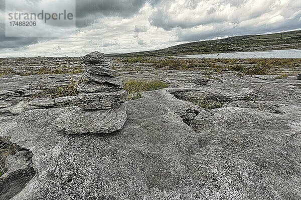 Gestapelte Steine  Steinmännchen auf bizarr geformten Kalksteinplatten  Karstlandschaft  Burren Nationalpark  County Clare  Irland  Europa
