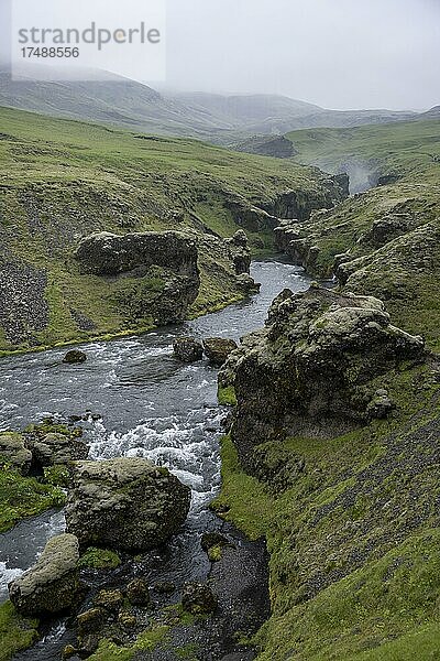 Fluss in einer Schlucht  Landschaft am Fimmvörðuháls Wanderweg  Südisland  Island  Europa