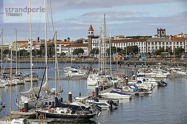 Blick über den Jachthafen und der Promenade von Ponta Delgada  Insel Sao Miguel  Azoren  Portugal  Europa