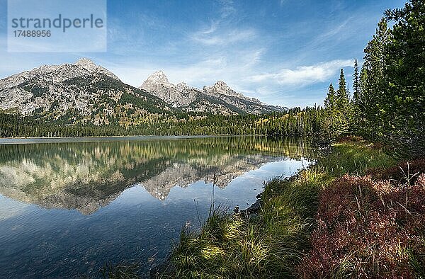 Spiegelung im Taggart Lake  Blick auf den Teton Range Gebirgszug  Gipfel Grand Teton und Teewinot Mountain  Herbst  Grand Teton National Park  Wyoming  USA  Nordamerika