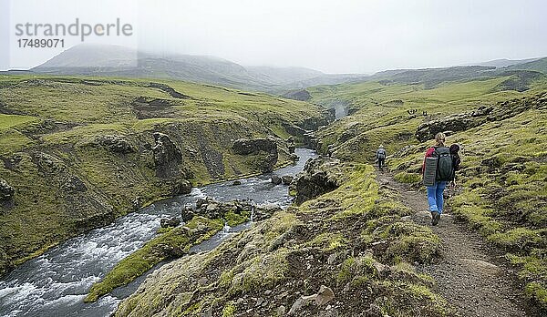 Wanderin auf einem Wanderweg  Landschaft am Fimmvörðuháls Wanderweg  Südisland  Island  Europa