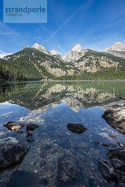 Spiegelung im Taggart Lake  Blick auf den Teton Range Gebirgszug  Gipfel Grand Teton und Teewinot Mountain  Herbst  Grand Teton National Park  Wyoming  USA  Nordamerika