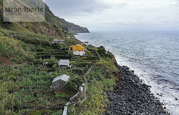 Drohnenaufnahme  Ausblick auf die Steilküste und Siedlung Rocha da Relva  Insel Sao Miguel  Azoren  Portugal  Europa