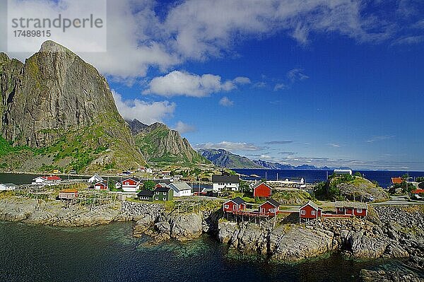 Skandinavische Landschaft mit Holzhäusern am Fjord  Rorbuer  Meer  Berge  Hamnøy  Nordland  Lofoten  Norwegen  Europa