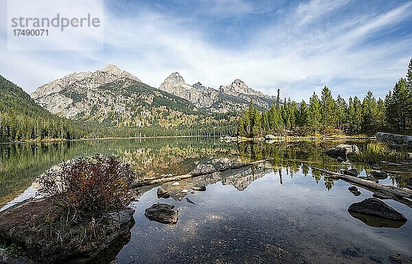 Spiegelung im Taggart Lake  Blick auf den Teton Range Gebirgszug  Gipfel Grand Teton und Teewinot Mountain  Grand Teton National Park  Wyoming  USA  Nordamerika