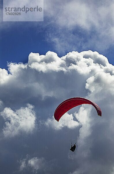 Paragleiter mit dramatischem Wolkenhimmel nach dem Start vom Pico Barrosa  Insel Sao Miguel  Azoren  Portugal  Europa