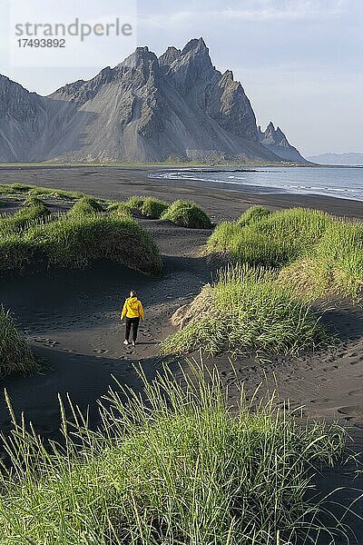 Junge Frau mit Regenjacke wandert  Schwarzer Lavastrand  Sandstrand  Dünen mit trockenem Gras  Landzunge Stokksnes  Bergmassiv Klifatindur  Austurland  Ostisland  Island  Europa