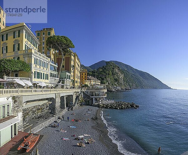 Spiagga Libera und historische Hochhäuser  Camogli  Genua  Italien  Europa