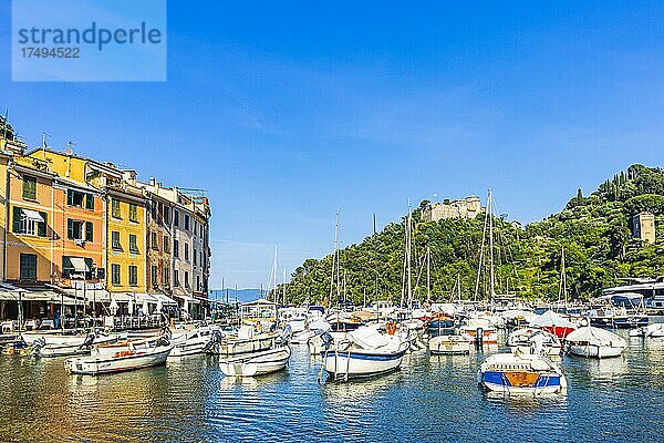 Segelyachten und Boote ankern im Hafen von Portofino  Portofino  Ligurien  Italien  Europa