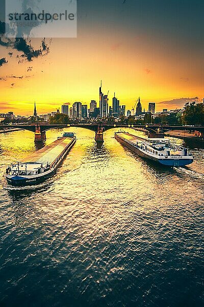 Blick von der Flöserbrücke über den Fluss Main mit Containerschiffen  der Ignatz-Bubis-Brücke Brücke zur Skyline und den Hochhäuser. Schöner Sonnenuntergnag in Frankfurt  Deutschland  Europa