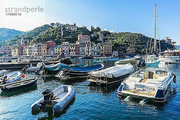 Boote ankern im Hafen von Portofino  dahinter pastellfarbene Häuserfassaden  Portofino  Ligurien  Italien  Europa