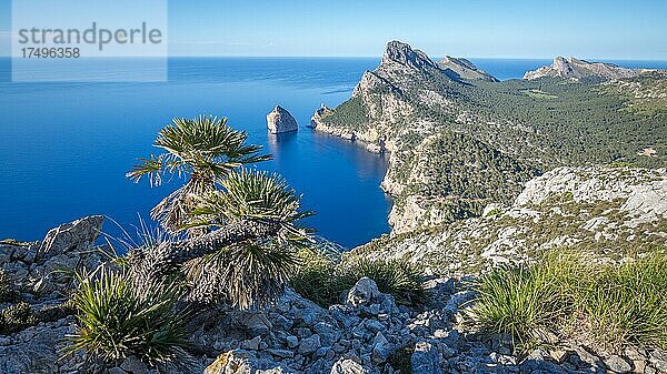 Blick auf Halbinsel Formentor mit Felseninsel El Colomer  Mallorca  Spanien  Europa