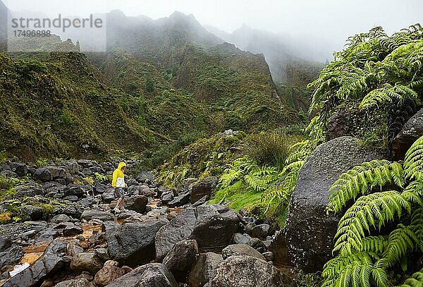 Wanderer im nebelverhangenen wildromantischen Tal Vale das Lombadas  Serra de Aqua de Pau  Insel Sao Miguel  Azoren  Portugal  Europa