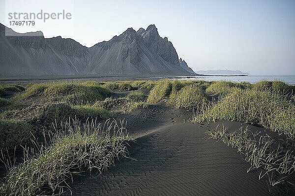 Schwarzer Lavastrand  Sandstrand  Dünen mit trockenem Gras  Landzunge Stokksnes  Bergmassiv Klifatindur  Austurland  Ostisland  Island  Europa