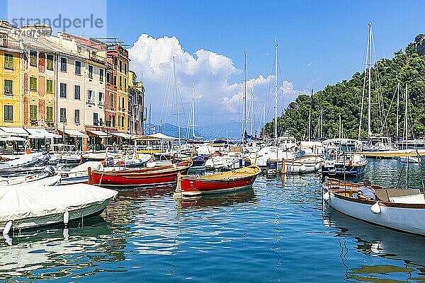 Boote ankern im Hafen von Portofino  dahinter pastellfarbene Häuserfassaden  Portofino  Ligurien  Italien  Europa