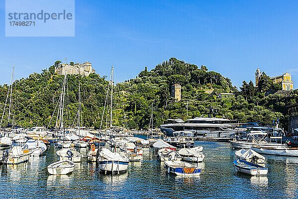 Yachten und Boote ankern im Hafen von Portofino  dahinter das Schloss Brown und die Kirche San Giorgio  Portofino  Ligurien  Italien  Europa