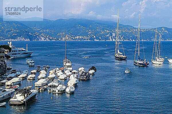 Boote und Segelyachten ankern vor dem Hafen von Portofino  Portofino  Ligurien  Italien  Europa