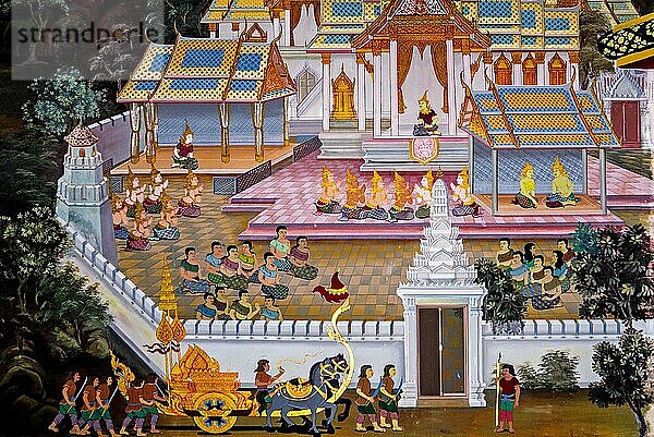 Malereien mit dörflichen Szenen mit Buddha in Thailand  Wat bang riang  Thub Pat/ Paintings  Wat bang riang  Thub Pat  Phang Nga  Thailand  Asien