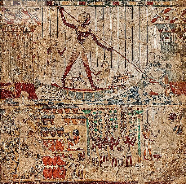 Vogel- und Fischfangszene im Papyrusdickicht: Userhat steht auf einem Papyrusnachen  erlegt Vögel mit dem Wurfholz und ersticht mit einem Speer Fische  Grab des Userhat  Gräber der Noblen  Luxor  Theben-West  Ägypten  Luxor  Theben  West  Ägypten  Afrika